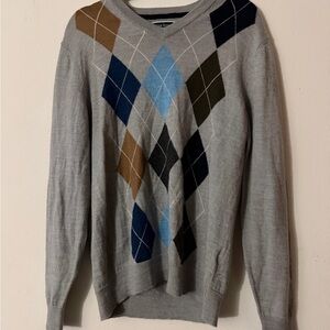 Club Room V-Neck Argyle Sweater - Gray, Blue, and Brown